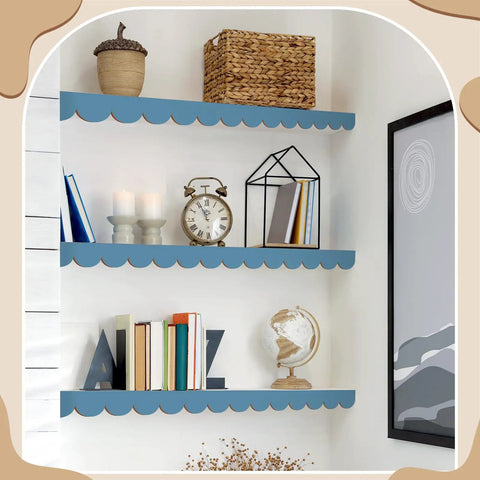 Natural Unfinished Scalloped Wood Trim With Wavy Edges And 10 Small Curves Per Piece perfect for room updates on blue shelves.