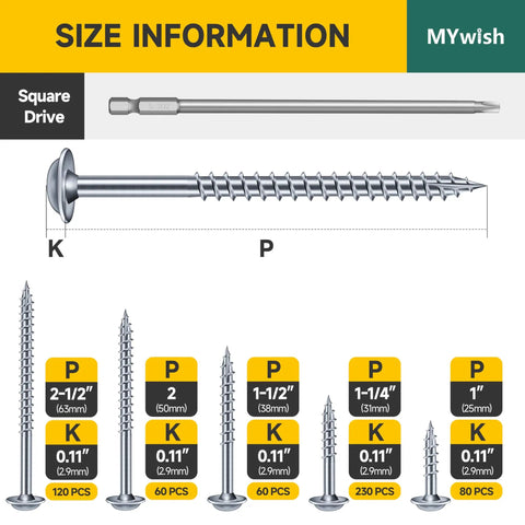 Screw and drill bit size details in No 8 Pocket Hole Screws Kit With 550 Pieces And 150mm Drill Bit, 5 Sizes Blue Coated Wood Screws