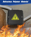 Open Splice Junction Box 1 Pack With Cover, DIY Friendly Quick Install for Open Splices, made from Flame Retardant Polypropylene, V0 Rated, mounted on wall with visible wiring, demonstrating fire resistance.