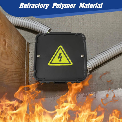 Open Splice Junction Box 1 Pack With Cover, DIY Friendly Quick Install for Open Splices, made from Flame Retardant Polypropylene, V0 Rated, mounted on wall with visible wiring, demonstrating fire resistance.