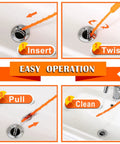 Image showing step-by-step use of Extra Long Drain Cleaning Kit With 35.4 Inch Stainless Steel Rod And Six 25 Inch Plastic Drain Snakes.