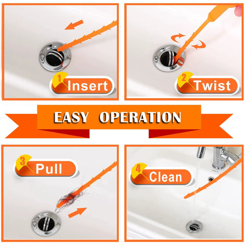 Image showing step-by-step use of Extra Long Drain Cleaning Kit With 35.4 Inch Stainless Steel Rod And Six 25 Inch Plastic Drain Snakes.