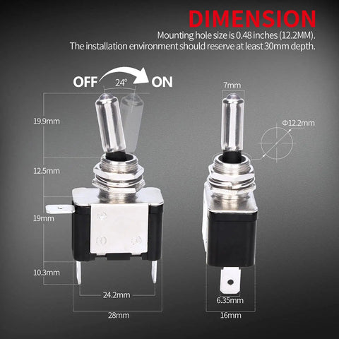 Red 12V LED Lighted Toggle Switch With Aircraft Guard Safety Flip Cover 20A Heavy Duty SPST On Off Rocker dimensions shown