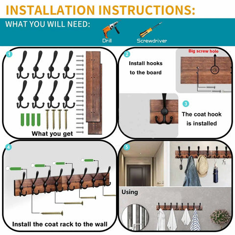 Installation instructions for Wall Mount 31.5 Inch Coat Rack In Rustic Burnt Brown Pine, Eight Aluminum Triple Hooks