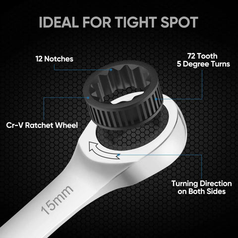 Close-up of 15mm Cr-V ratchet wheel, 12 notches, from 24 Piece Ratcheting Wrench Set With Organizer Rack, Slim Profile Cr-V Wrenches