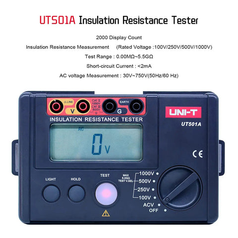 Front view of Go-To Insulation Megohmmeter Tester With Ground Resistance Meter, UT501A model, with displayed LCD screen.