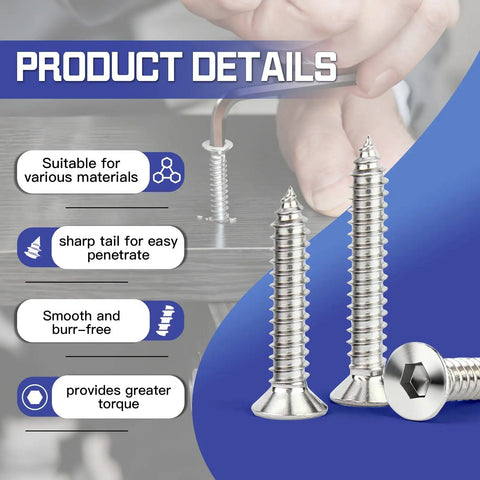 Close-up of wood screws details from Wood Screws Assortment Kit 175 Pcs Pro Grade Set with features and benefits highlighted.
