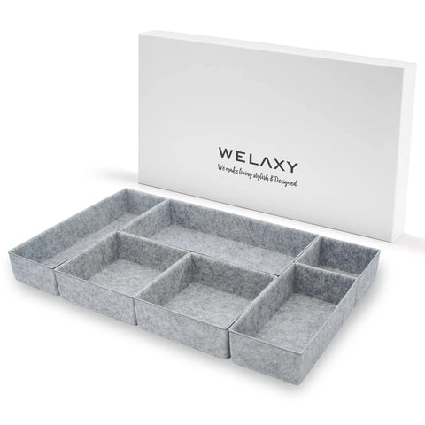 Deluxe Drawer Organizer Set For Home Office And Bathroom, 6-piece gray felt storage bins with packaging box, Style A, top view