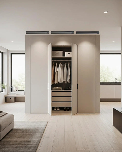 Rechargeable Motion Sensor Ceiling Light With 500 Lumen LED No Fuss Easy Install Full Metal Battery Powered Closet Light in a bright closet.