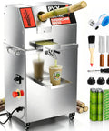 Heavy Duty Commercial Electric Sugarcane Juicer With Triple Rollers High Yield Sugar Extractor And Press Machine Stainless Steel Frame with tools and juice in cup.