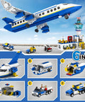 Six In One City Airport Airplane Building Set with 886 pieces featuring airplane, terminal, shuttle bus, and accessories for STEM learning.