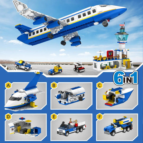 Six In One City Airport Airplane Building Set with 886 pieces featuring airplane, terminal, shuttle bus, and accessories for STEM learning.