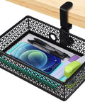 Heavy Duty Clamp On Under Desk Organizer Basket With 360 Degree Rotation Non Slip Pad Hanging Mount, filled with office supplies