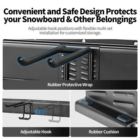 Image showing adjustable hooks with rubber protective wrap and cushions on a wall-mounted tool rack system.