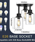 Dimensions and bulb compatibility for Three Light Matte Black Dope Semi Flush Mount Ceiling Light With Clear Glass Shades.