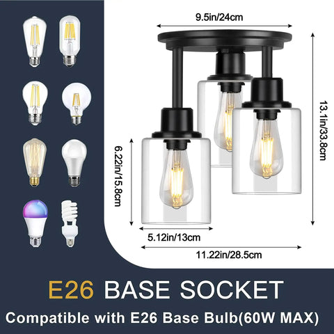 Dimensions and bulb compatibility for Three Light Matte Black Dope Semi Flush Mount Ceiling Light With Clear Glass Shades.