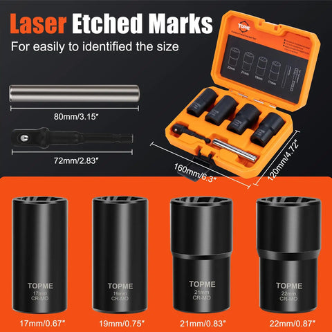 Lug Nut Removal Kit With Six Piece Extractor Set One Half Inch Drive Locking Lug Nut Removers for Damaged Frozen Bolts and Nuts displayed in a case.