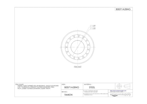 Heavy Duty Tapered Roller Bearing Single Cup Outer Ring 2.5 Inch Outside Diameter Alloy Steel diagram with dimensions.