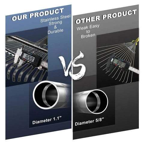 Comparison of Heavy Duty Garden Rake With Adjustable Long Handle And Stainless Steel Pole Six Feet Tall 25 Tines For Leaves Yard Work Clean Up Windows And Lawn Durable 1.1 Inch Diameter Shaft And Comfy Rubber Grip against another product, highlighting durability and shaft diameter.