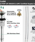 Detachable pop-up drain and cUPC supply lines for widespread double handle bathroom faucet with 3-hole mount.