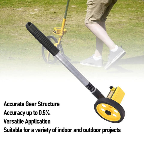 Measuring Wheel with Adjustable Length, 0-9999m Capacity used outdoors with yellow wheel and adjustable handle.