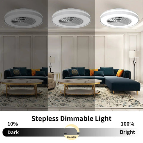 Bladeless 20 Inch Ceiling Fan With Lights Remote Control Dimmable Lighting Semi Flush Mount Enclosed Design with dimming demonstration