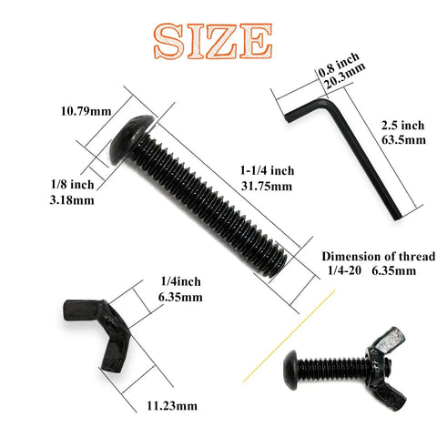Black One Quarter Twenty Wing Nut Button Head Socket Cap Screw Bolts Kit With Hex Key Pro Grade Fasteners Durable Beefy Gear For Car Guys Who Want Sick Performance To Get Shit Done Fast This Heavy Duty Pack Sick For Mechanics Building Cars. 1/4-20 black steel bolt and wing nut dimensions with hex key