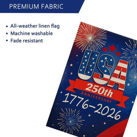 250th Anniversary USA Garden Flag Outdoor Double Sided Fireworks Design 1776 2026 with premium fabric details