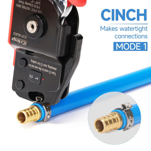 Pex Clamp Tool For Cinching And Removing Three Eighths Inch, One Half Inch, Three Quarters Inch, And One Inch Clamp Rings One Handed