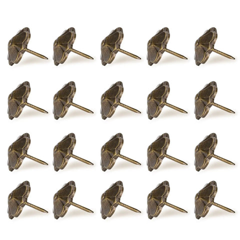 Top Shelf Heavy Rust Proof Vintage Upholstery Tacks 20 Piece Set Knockout Flower Design showing flower decorative nails in a row.