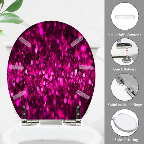 Toilet Seat Round Resin for Bathroom Use, 14.5" x 16.5", with pink glitter design and stainless steel hinges.