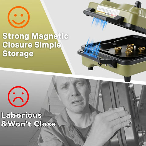 Two-Burner Propane Camping Stove With Windshield, showing strong magnetic closure feature, 30000 BTU for easy storage.