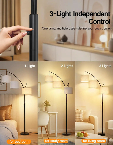Arched LED Floor Lamp With Three Lights, 81 Inch Tall Modern Mid Century Style Standing Corner Lamp with beige lampshade
