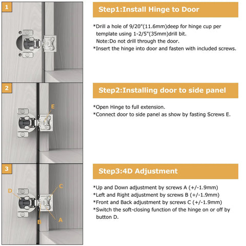 Two Piece 1/4 Inch Small Overlay Cabinet Hinges For Face Frame Doors, Concealed Soft Close Hinge installation steps shown