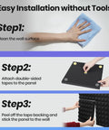 Black And Grey Pyramid Acoustic Panels 50 Pack With Strong Adhesive Squares Noise Reducing Kit showing installation steps without tools.
