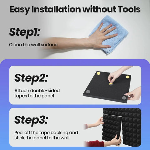 Black And Grey Pyramid Acoustic Panels 50 Pack With Strong Adhesive Squares Noise Reducing Kit showing installation steps without tools.