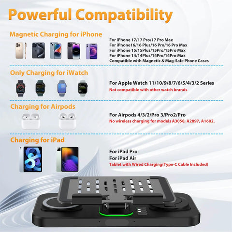 6 In 1 Wireless Charging Station For Apple Devices with magnetic and wired options, foldable stand, and compatibility details.