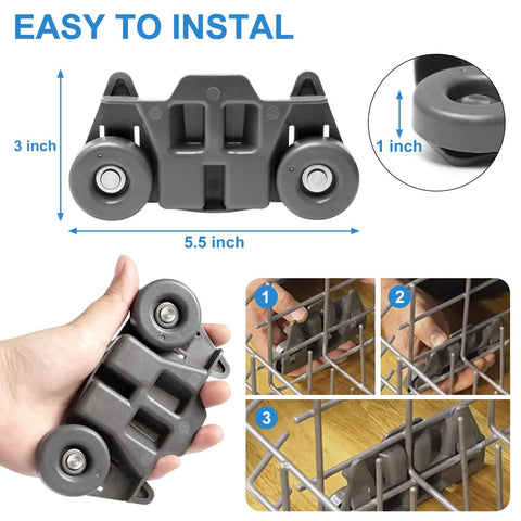 Upgraded Rust-Resistant Lower Rack Dishwasher Wheels Set with 304 stainless screws, easy installation demonstration, four pack