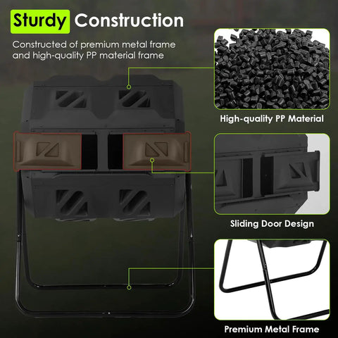 43 Gallon Outdoor Tumbling Compost Bin With Dual Chamber Sliding Doors For Garden And Patio, 360 Degree Rotary Tumbler