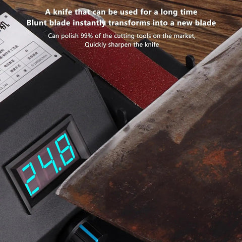 Image of 350W Electric Belt Sharpener With Adjustable 90 Degree Angle And Max Speed Of 10000 Rpm, showing digital display and knife sharpening.
