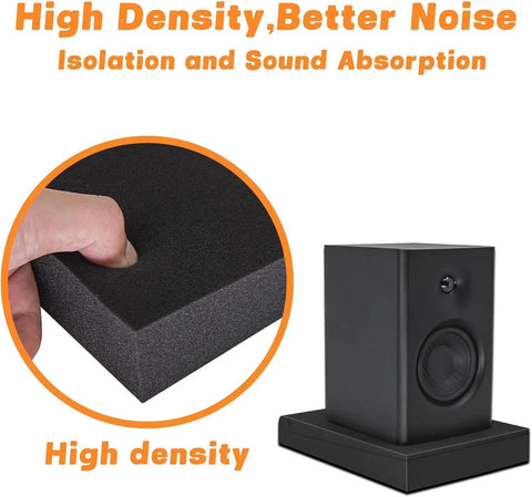 Hand pressing Two Pack Studio Monitor Isolation Pads For 3 To 5 Inch Speakers, High Density Foam Vibration Dampening pad.