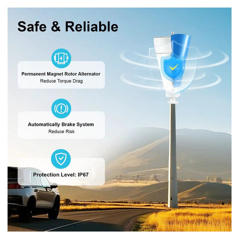 Portable Vertical Axis Wind Turbine Generator 12V 24V, 100W Max Power IP67 Weatherproof on roadside with safety features highlighted.