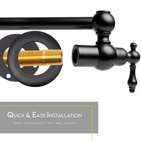 Close-up of Pot Filler Faucet Wall Mount Black Kitchen Faucet With 24 Inch Extendable Swing Arm showcasing easy installation.