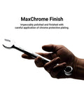 Hand holding Long Pattern 26 mm 12 Point Metric Combination Wrench, Heavy Duty Beefy Chrome Vanadium, MaxChrome Finish visible