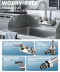 iVIGA Commercial Hand Sink Faucet: 4" Swivel Spout 4'' Center Wall Mount Utility Faucet, Brass Constructed with 360° Swivel Spout, Dual Lever Handles, Restaurant/Laundry/Bar/RV, Brushed Nickel mounted on stainless steel sink.