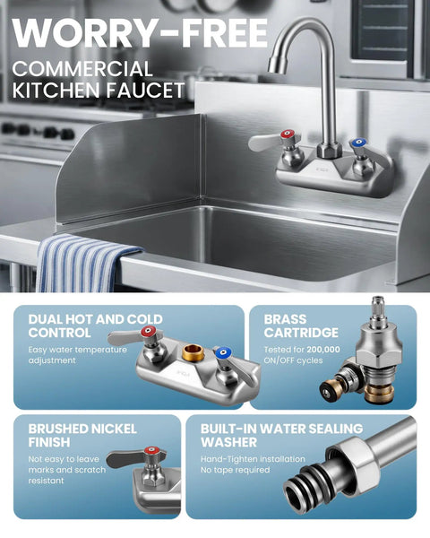 iVIGA Commercial Hand Sink Faucet: 4" Swivel Spout 4'' Center Wall Mount Utility Faucet, Brass Constructed with 360° Swivel Spout, Dual Lever Handles, Restaurant/Laundry/Bar/RV, Brushed Nickel mounted on stainless steel sink.