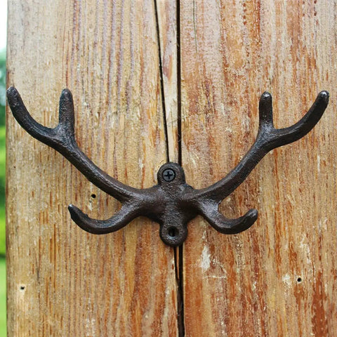 Premium Cast Iron Deer Antler Wall Hooks Bringing Serious Vintage Soul And Dang Solid Durability To Your Entryway While Making Coat Hat Towel And Key Organization An Absolute Breeze With Every Necessary Hardware Piece Packed Inside mounted on wood.