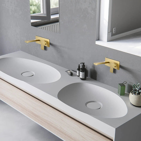 Dual Wall Mounted Bathroom Faucet Solid Brass Construction With Single Handle Modern Style Wall Mount Sink Faucet Brushed Gold Finish