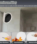 Round Aluminum Access Panel Flush Ceiling Cover in white, mounted for attic access, showcasing waterproof design and inspection use.
