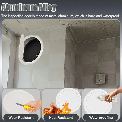 Round Aluminum Access Panel Flush Ceiling Cover in white, mounted for attic access, showcasing waterproof design and inspection use.